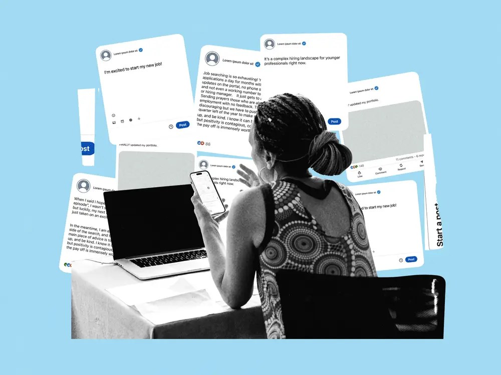 Business Insider illustration of a worker at a laptop surrounded by LinkedIn posts