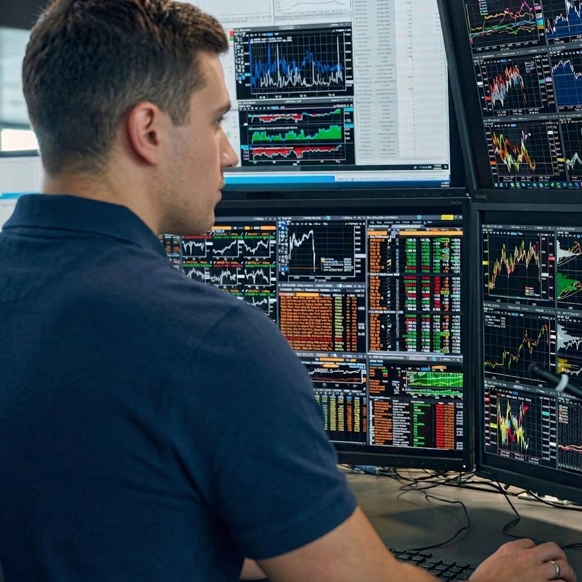 Trader monitoring markets across multiple screens at a New York City quant firm